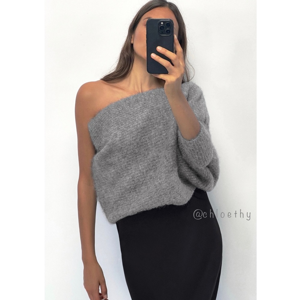 Zara Soft One-Shoulder Gray Knit Sweater